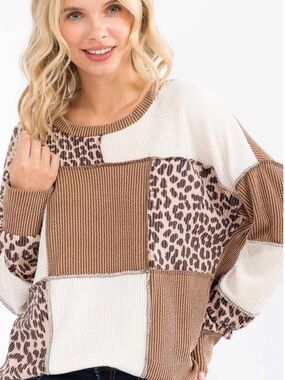 7th Ray Patchwork Leopard-Print Crewneck Sweater in Brown and Cream